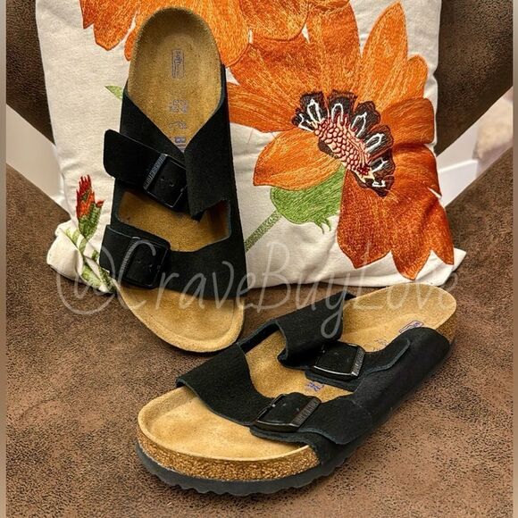 Birkenstock Shoes - BIRKENSTOCK ARIZONA SOFT FOOTBED BLACK SUEDE CORK DOUBLE BUCKLE 39 REGULAR M6 L8